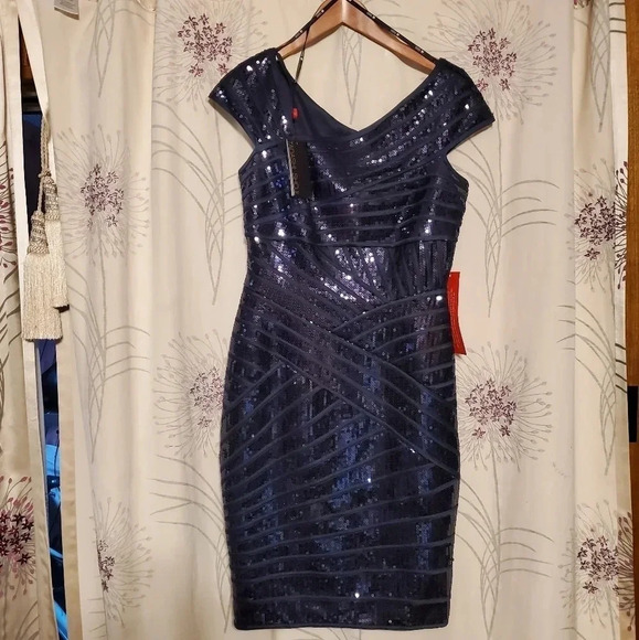 Tadashi Shoji Sequin Bodycon Formal Evening Dress Navy Wmns Size 8 - Picture 2 of 12